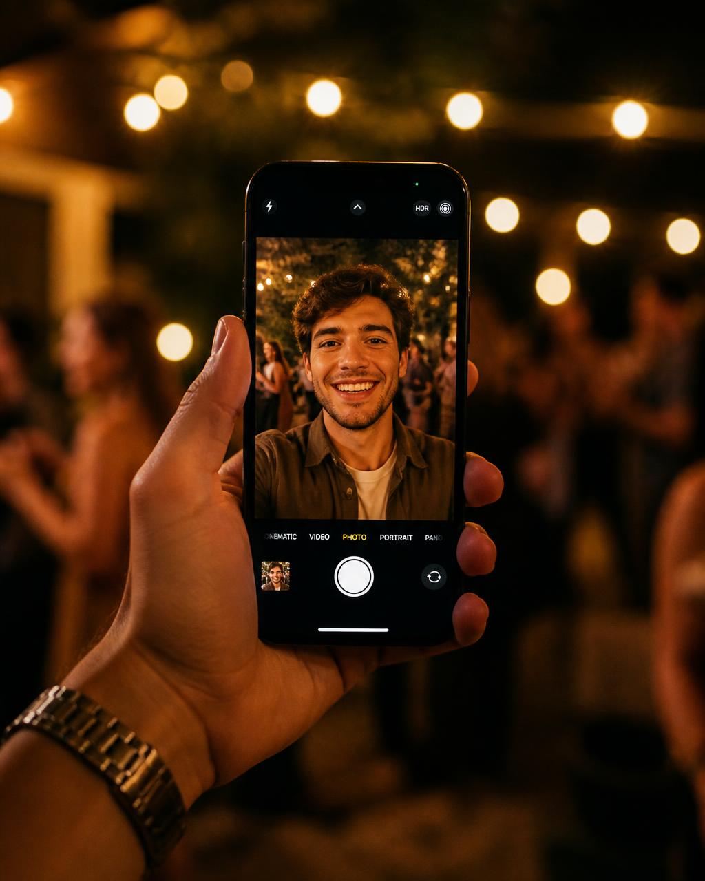 A guest holding an iPhone taking a selfie at an evening event, face framed on the screen